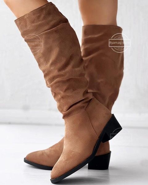 Botas femininas veludo ruched ponto toe longo de alta qualidade mulheres preto nu camurça rebanho joelho senhoras planas