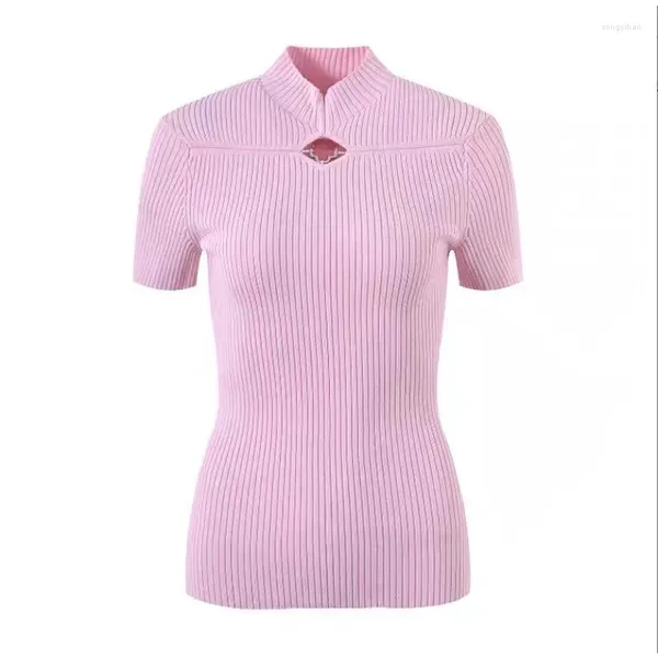 Maglioni da donna VII 2024 S Inizio primavera Abbigliamento donna Moda Mezzo collo alto Maglia rosa Manica corta Pullover Maglione Donna Offerte