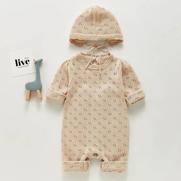 Jacken Koreanischen Stil Neugeborenen Baby Jungen Mädchen Ausgehöhlt Einfarbig Gestrickte Langarm Overall + Hut Frühling Herbst Kleinkind Baby Strampler