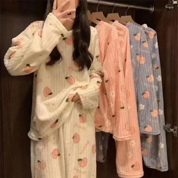 Indumenti da notte da donna Carino Dolce Autunno Inverno Caldo Pigiama Set Donna Chic Corallo Pile Pesca Stampa Morbido Homewear Pigiama femminile Set da 2 pezzi