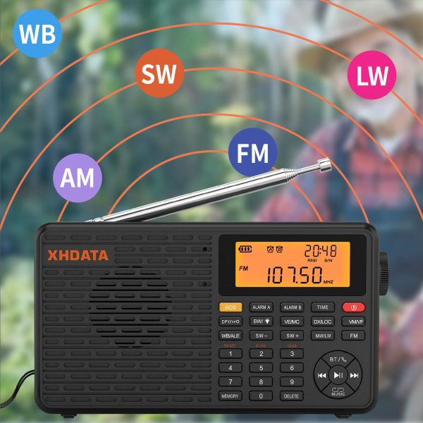 Radio XHDATA D109WB Tragbares Radio AM FM Stereo SW MW LW Digitaler Wecker Radio Wiederaufladbarer Akku USBC mit Wettervorhersage