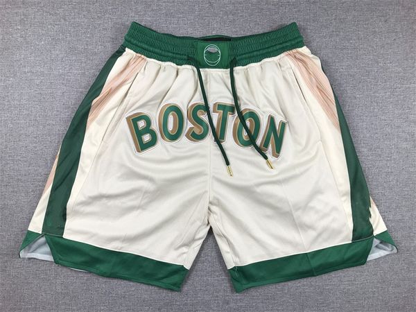 Shorts de basquete Boston City Branco Correndo Roupas Esportivas com Bolsos com Zíper Tamanho S-XXL Mix Match Order Alta Qualidade Costurado