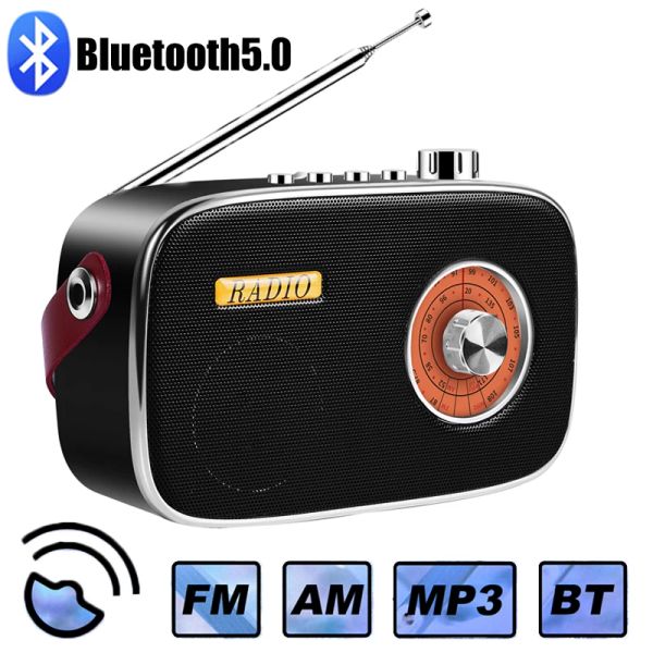 Jogadores Rádio Portátil Portátil Am / FM Receptor Retro Bluetooth 5.0 Alto-falante Aux / USB / TF Mp3 Player Recarregável Rádio Suporte Handsfree