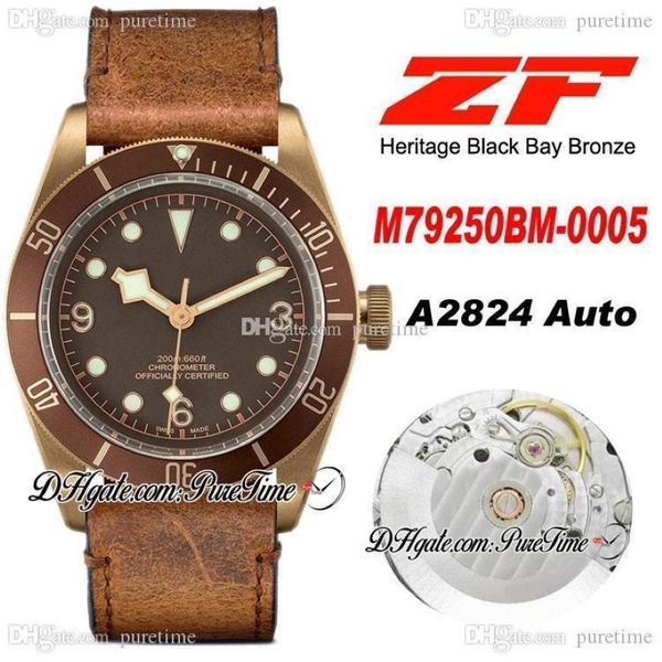 ZF 79250 Bronze A2824 Relógio Automático Masculino 43mm Mostrador Marrom Envelhecido Pulseira de Couro Marrom Edição Puretime PTTD Pulseira Nato C14300h