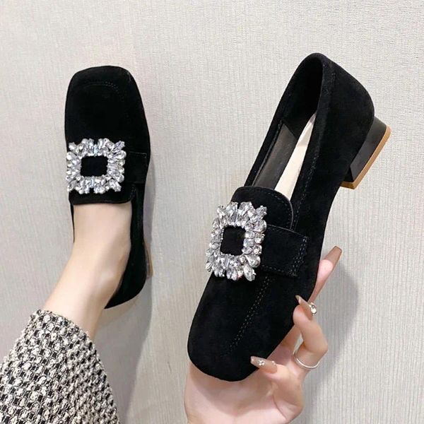 Elbise ayakkabıları kadınlar rahat süet somunlar kristal lüks tıknaz tasarımcı Sonbahar 2024 kare ayak parmağı ofis yürüyüş mujer zapatos