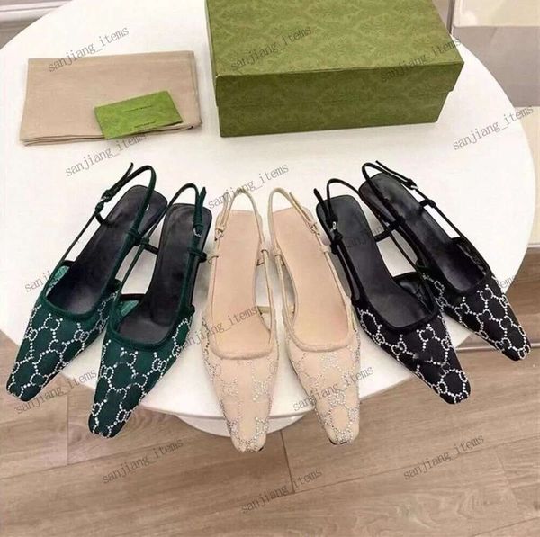 MIT BOX Abendschuhe Slingback-Sandalen zum Schnüren, flach geschnittene Damen-Sandalen mit niedrigem Mittelabsatz, schwarzes Mesh mit funkelnden Kristallen, bedruckte Schuhe, Gummi-Leder-Slipper mit Knöchelriemen