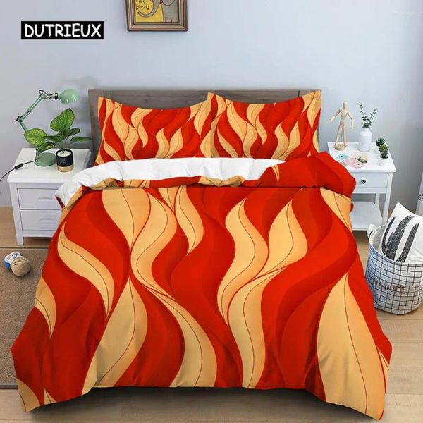 Set biancheria da letto Set copripiumino geometrico Queen Size Trapunta a tema arte astratta in microfibra a strisce gialle rosse con chiusura a cerniera