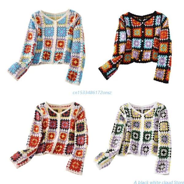 Cardigans primavera outono camisola de malha cardigan para mulher manga longa botão para baixo crochê colorido padrão geométrico casaco