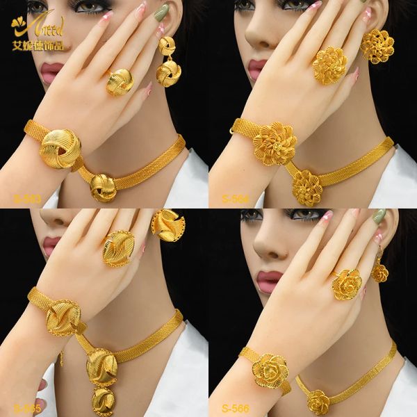 Ожерелья индийские роскошные наборы ювелирных изделий для женщин Дубай Золотой цвет африканский арабский свадебный наборы свадебной коллекции