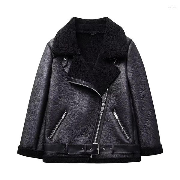 Giubbotti da donna YENKYE Inverno Donna Giacca da motociclista double face nera Manica lunga Cappotto caldo in ecopelle Cappotto da moto femminile