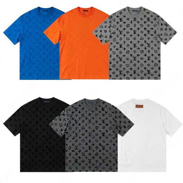 2024 Mens Plus Size Camiseta Luxo Camisetas Casual Algodão Designer Clássico Flocando Carta Azul Laranja Preto Branco Geometria Mulheres Algodão Alta Versão Tee Tops