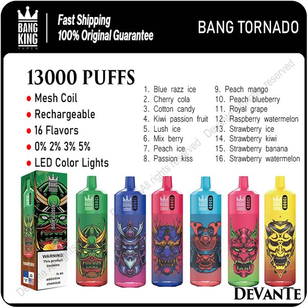 Autêntico Bang Tornado 13000 Puffs Descartáveis Vape Pen Puff 13K Mesh Coil E Cigarettes 23ml Carrinhos pré-cheios Recarregável 650mAh Bateria LED Color Lights Vaper