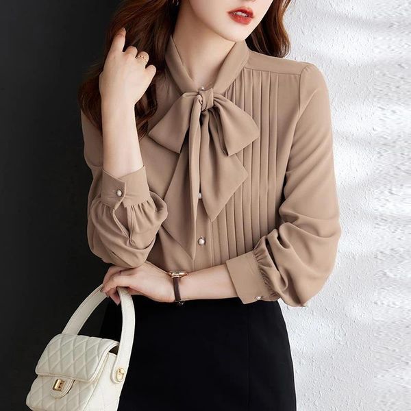 Frauen Blusen Kaffee Einfarbig Falten Chiffon Bluse Fliege Kragen Elegantes Hemd Für Weibliche Koreanischen Stil 2024 Frühling Sommer lässig