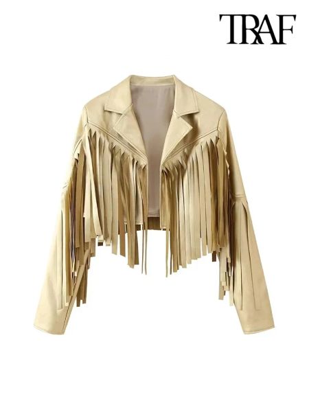 Jaquetas traf mulheres moda moda cortada dourado casaco de couro falso com manga longa com tamel de roupas femininas tops chiques