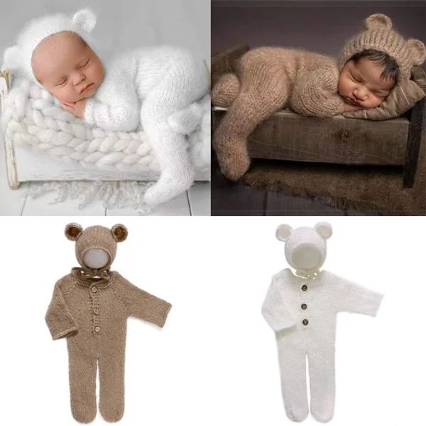 Conjuntos 2 peças/conjunto adereços para fotografia de recém-nascidos, macacão, chapéu de crochê, lã, bebê menino, menina, roupa de bebê, animal, adereço para fotos