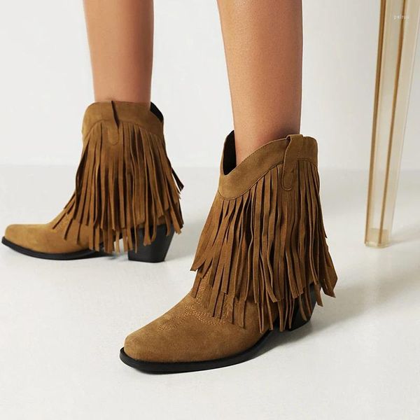 Botas ENMAYER Bare Round Head Tassel Motocicleta Fang He Outono / Inverno 2024 Feminino