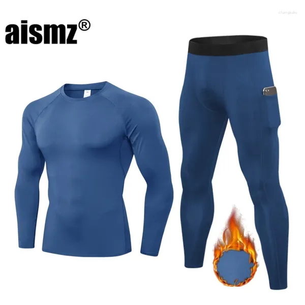 Roupa íntima térmica masculina Aismz Fleece Thermo Winter Men Long Johns Roupas quentes Kit Rashgard Compressão esportiva