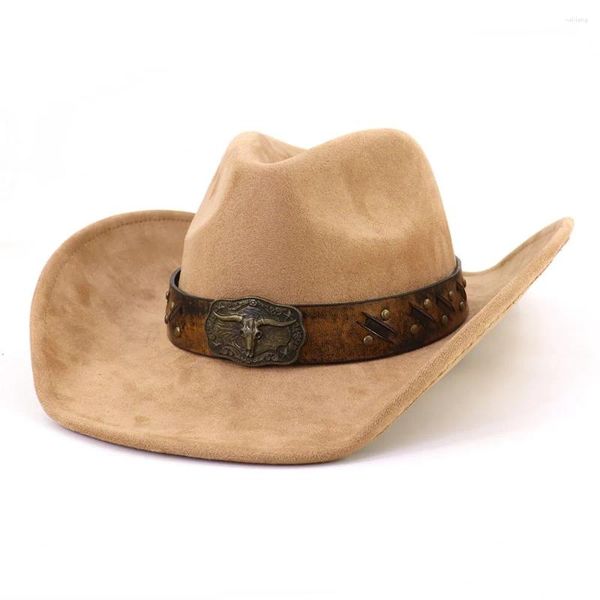 Berets Western Big Brim Cowboy Hat Bull's Head Couro Banda Camurça Top Outdoor Mens Chapéus Senhoras Festa Equitação Cowgirl