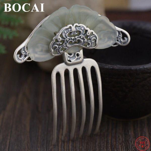 Jóias bocai s925 prata esterlina acessórios para o cabelo flores criativas totem jade cocar puro argentum hairpin charme jóias para mulher