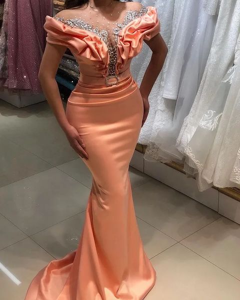 Elegante cristal frisado longo sereia vestidos de baile ruched fora do ombro longo cetim formal ocasião vestido para mulheres 2024 cintura império magro ajuste sexy vestidos de noite