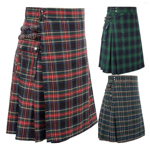 Мужские брюки, модная клетчатая юбка в шотландском стиле контрастного цвета с карманами, плиссированная юбка, мужская одежда, Ropa Hombre