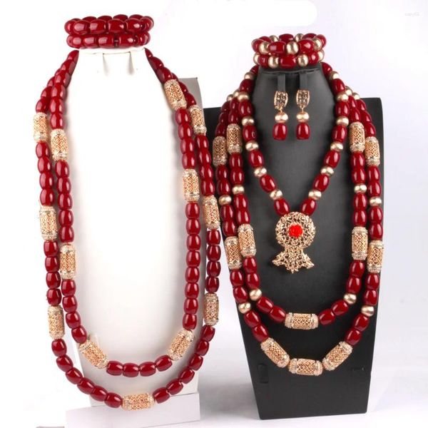 Collana Orecchini Set Nigeria Gioielli da sposa Donna/Uomo Bracciale con perline africane Imitazione corallo Resina Accessori sposa Colore vino