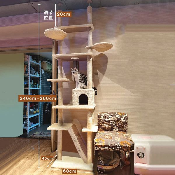 Verstellbarer Katzenbaum-Hausturm, vom Boden bis zur Decke reichende, mehrstöckige Eigentumswohnung für Kätzchen mit Kratzbaum, Hängematte, Kletterturm für Haustiere und Katzen, 240220