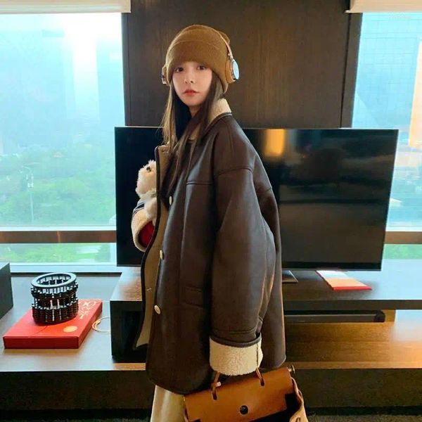 Pelliccia da donna Coreano Cappotti Giacca in pelle con bottone singolo Cappotto Feminino In pile di lana d'agnello Top Donna Parka Femme Integrato