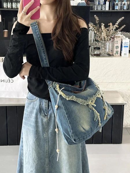 Sacos de noite Canvas Denim Lavado e Escovado Borla Messenger Bag com Grande Capacidade Flip Zipper Crossbody Estudante Casual Shoulderbag