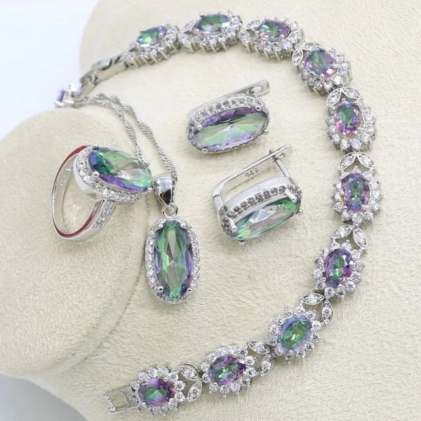 Set Set di gioielli in argento 925 da sposa per donna Bracciale da sposa con topazio arcobaleno, collana, anelli, regalo di compleanno