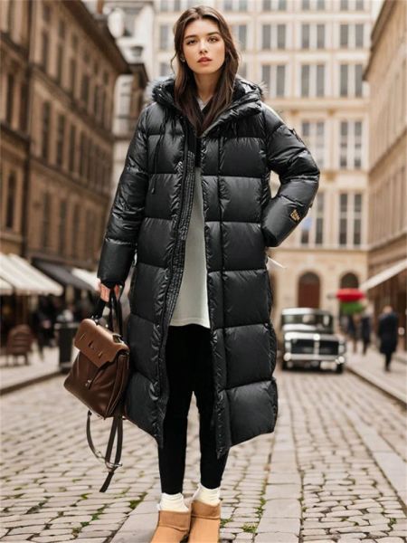 Mäntel Schwarz Lange Unten Jacke Frauen 2023 Winter Neue Mode Koreanische Temperament Licht Luxus Hohe Qualität Weiße Ente Unten Mantel kleidung