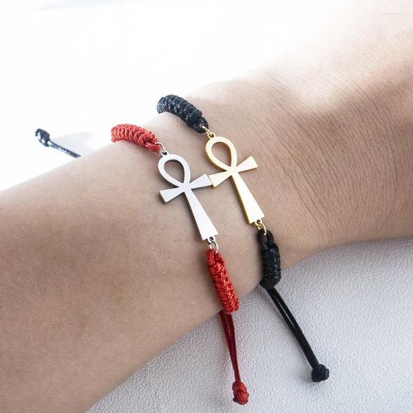 Charme pulseiras de aço inoxidável egito ankh cruz corda pulseira para mulheres minimalismo ajustável encantos vintage homens amuleto jóias presentes