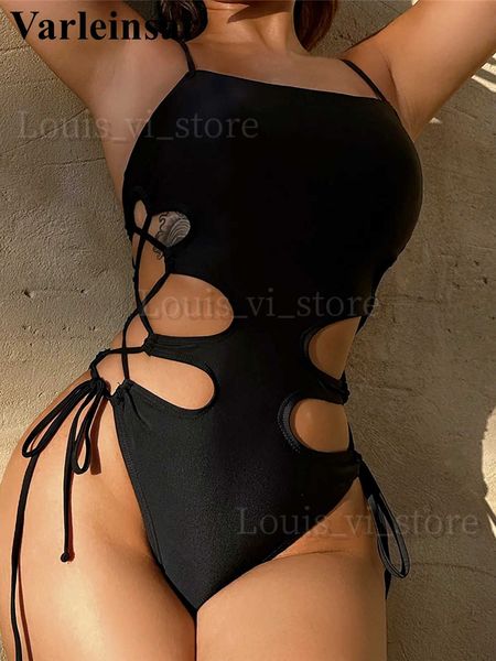 Mulheres Swimwear 2024 Sexy Cut Out Lace Up Strappy One Piece Swimsuit Mulheres Swimwear Feminino Alto Perna Corte Acolchoado Banheira Terno Nadar V4718 T240227