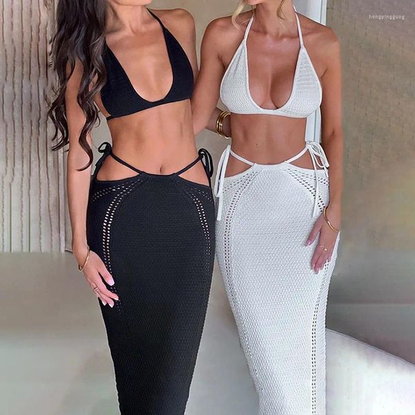 Gonne Donna Estate Long Beach Backless Set in due pezzi Party Vacation Abito all'uncinetto lavorato a maglia senza maniche con scollo all'americana e scollo a V profondo