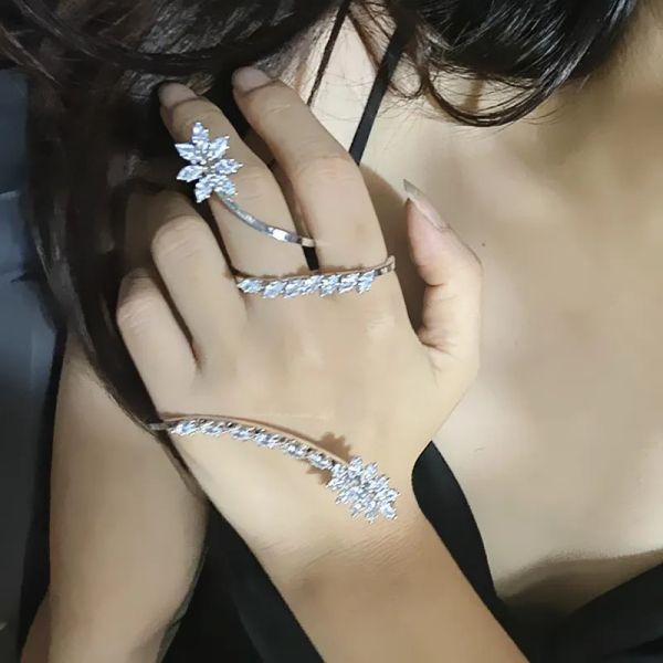 Bracciale zircone pianta foglia palma braccialetto collegamento doppio anello dito un pezzo mano palmo braccialetto gioielli maniglie per le donne argento 925 colore 2024227