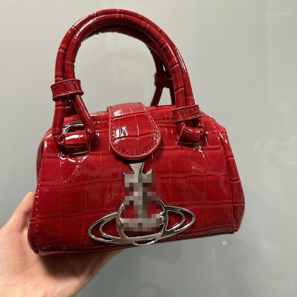 Bolsa feminina designer vintage saturno, bolsa mini crossbody estampa de crocodilo bolsas de couro preto e vermelho