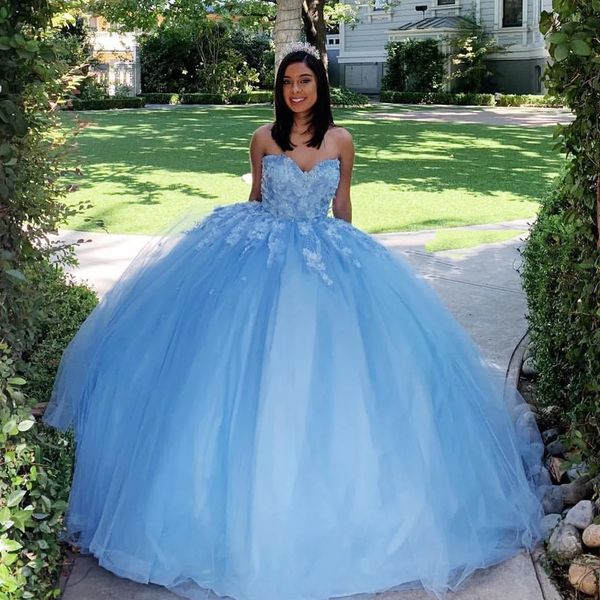 Princesa 3D Flores Quinceanera Vestidos até o chão apliques querida pescoço longo luz céu azul tule vestido de baile vestidos de ocasião especial vestido doce 16