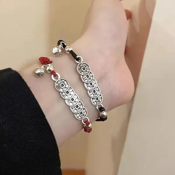 Браслеты-подвески в китайском стиле, ручной плетеный браслет с монетами, женский и мужской черный браслет на удачу, подарок для друзей и влюбленных, аксессуар