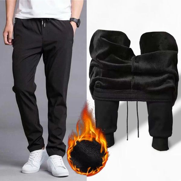 Calça homem casual homem lã de inverno laded calças preto preto quente quente espessa calça térmica calças atléticas para roupas masculinas