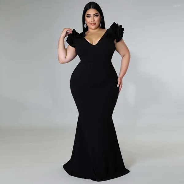 Plus Size Kleider Abendkleid V-Ausschnitt Dame Rüschen Rot Schwarz Sexy Rückenfrei Große Größen Damen Party Formal Maxi Lang Sommer 2024