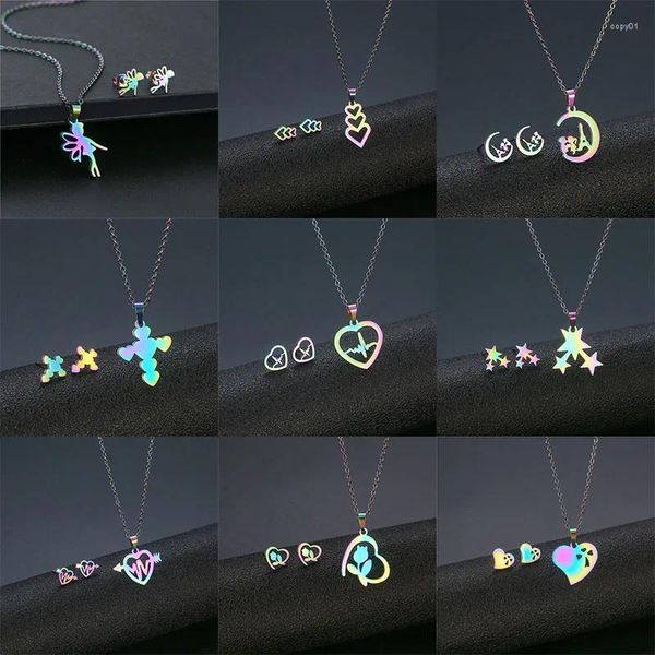 Комплект ожерелья и серег, модные серьги-гвоздики с электрокардиограммой и сердцем из нержавеющей стали, цветные серьги-гвоздики с геометрическим кулоном, подарки для женщин и девочек