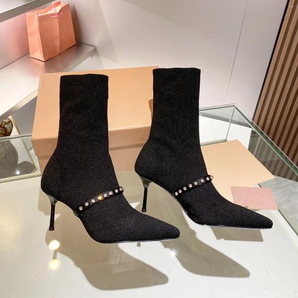 Stivali di Lusso Delle Donne Calzino Strass Tacchi Alti Scarpe A Spillo Elegent Botines Para Mujeres Punta a Punta Cristalli Sapato Feminino