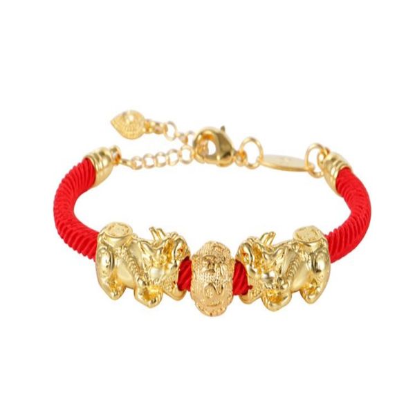 HW01 novo 24k ouro duplo pixiu pulseira corda vermelha sorte homens e mulheres pulseira283m