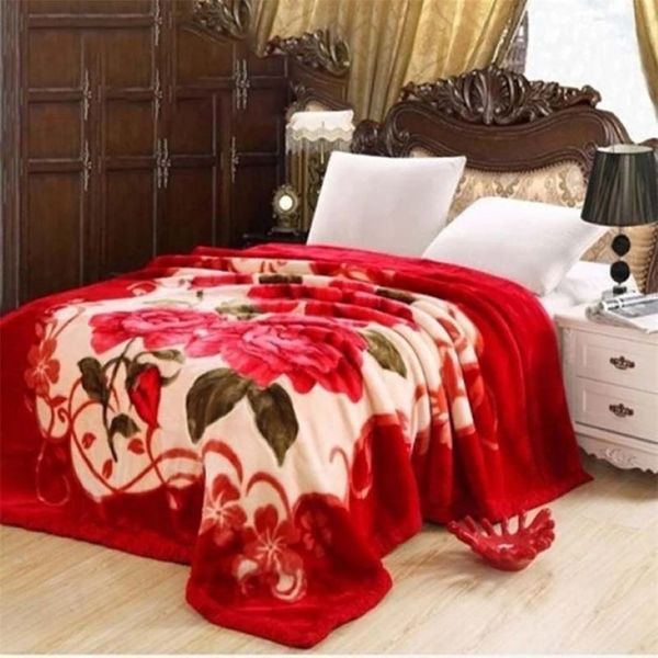 Camada dupla inverno engrossar raschel pelúcia ponderada cobertor para cama de casal quente pesado macio macio flores impresso lance cobertors224e