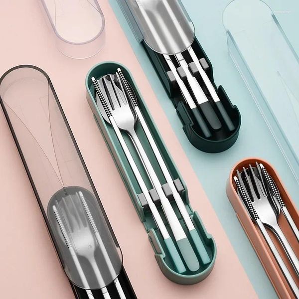 Conjuntos de louça portátil utensílios de mesa 304 aço inoxidável estilo coreano três peças conjunto de garfos pauzinhos colheres estudante viagem ao ar livre