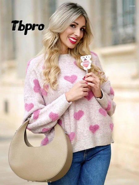 Damenpullover Frauen Rosa Liebe Gedruckt Lose Pullover Lässig Rundhals Langarm Warme Pullover Tops Herbst Weibliche Mode Straße Dick