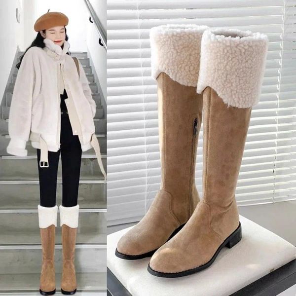 Botas femininas inverno pelúcia veludo fosco grosso salto baixo redondo dedo do pé senhoras joelho alto meio zíper quente botas longas