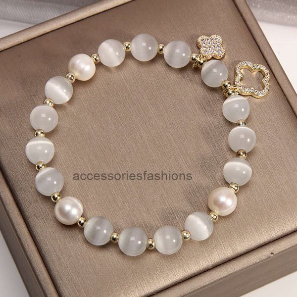 bracciale vans trifogli designer coreano braccialetto bianco occhio di gatto in cristallo anello singolo moda donna gioielli con micro intarsio di perle d'acqua dolce regalo