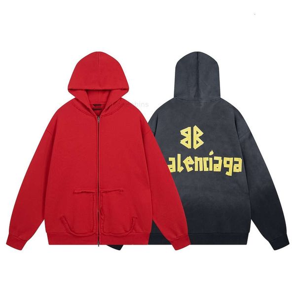 Designer Hoodie Balencigs Moda Hoodies Hoody Mens Suéteres de Alta Qualidade Versão Correta Fita Direta Spray Impressão Lavagem Desgastada Velho Zíper Cardigan Casaco Hoode