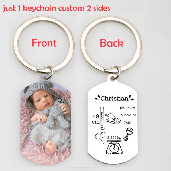 Ketten, gravierte Babystatistiken, Farbfoto, Schlüsselanhänger, Charm-Schmuck, personalisiert, individuell, beidseitige Schlüsselanhänger, Familie, Neugeborene, neuer Vater, Mutter, Geschenk